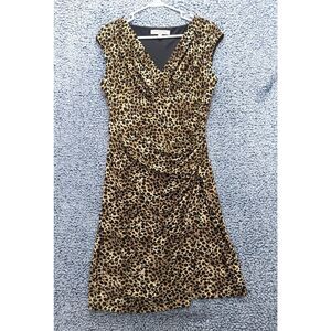 Y2K Evan Picone Cheetah Print Bodycon Wrap Dress Size 10 V Neck Mob Wife Brown
